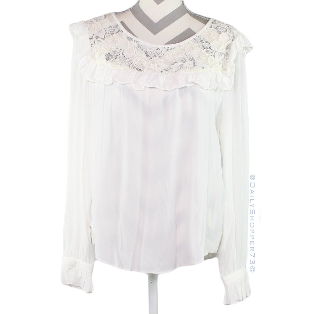 Vertigo Women's White Lace Yoke Ruffled Crepe Blouse